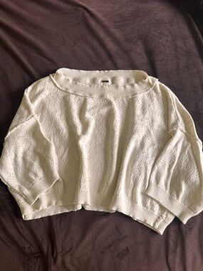 Free People Cream Crochet cropped short sleeved sweater